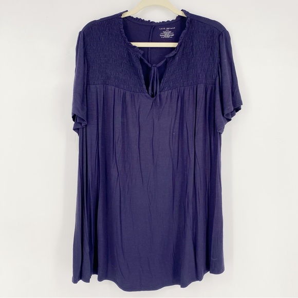 3 for $15 Lane Bryant 14/16 Smocked Tie Neck Short Sleeve Tee Shirt Flowy Top - Picture 1 of 4